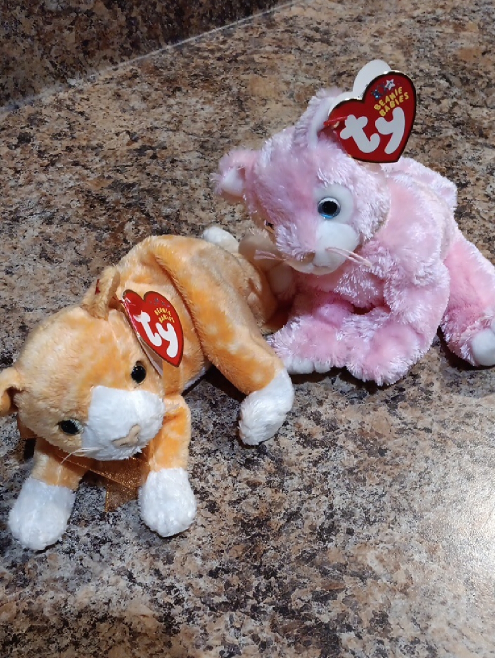Ty Plush Cat Pair - Pink and Orange Beanie-Style Kittens